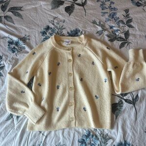 Women's Butter Yellow Cardigan Sweater with Blue Floral Accents